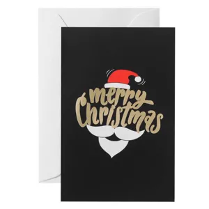 Elegante biglietto di auguri natalizio nero con Babbo Natale dorato e busta bianca