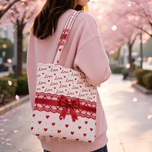 Detailansicht einer weißen Tragetasche mit roter Schleife und Love-Print im Kirschblütenpark