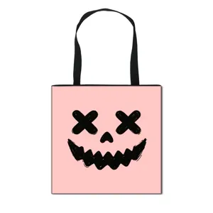 Sac Fourre-Tout en Polyester Visage de Citrouille Dessin Animé Halloween Sac de Shopping Épaule Réutilisable Grande Capacité Sac à Main Étudiant Décontracté Sac Cadeau