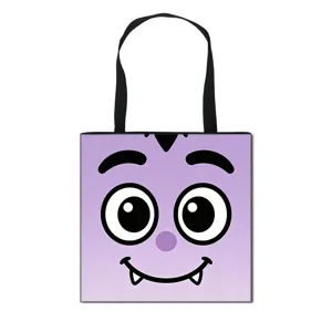 Sac fourre-tout monstre d'Halloween violet avec yeux de dessin animé et crocs