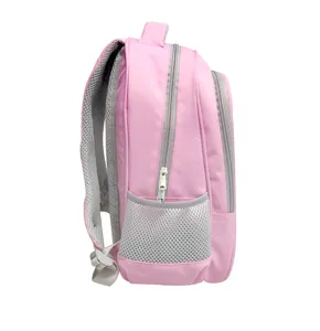 Detaillierte Seitenansicht eines rosa Schulrucksacks für Mädchen mit grauer Netztasche