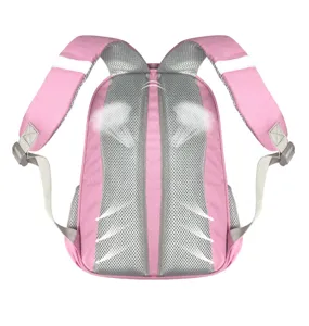 Detailansicht der atmungsaktiven Mesh-Rückwand und der Reflektorstreifen eines rosa Schulranzens