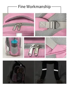 Detailansicht eines rosa Kinderrucksacks mit Reißverschlüssen, Netztasche und Reflektorstreifen.