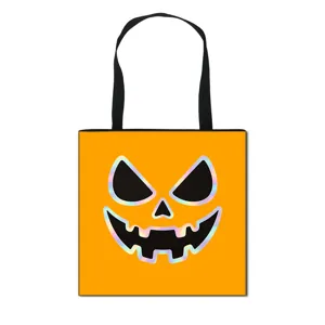 Sac fourre-tout d'Halloween durable avec visage de citrouille holographique et grand volume