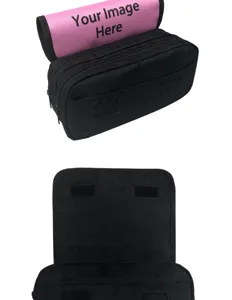 Large capacity black flap pencil case featuring a customizable pink inner panel