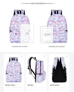 Detailansichten des Schulrucksacks mit Einhorndruck und A4-Papier-Größenvergleich