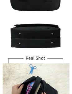Detailed view of black flap pencil case with multi-compartments and large capacity