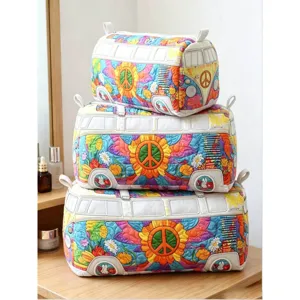 Set mit 3 gesteppten Hippie-Bus-Kosmetikbeuteln mit Sonnenblumen- und Friedenszeichen