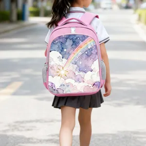 Rosa 14-Zoll-Schulrucksack für Kinder mit Aquarell-Regenbogen- und Wolken-Print Motiv