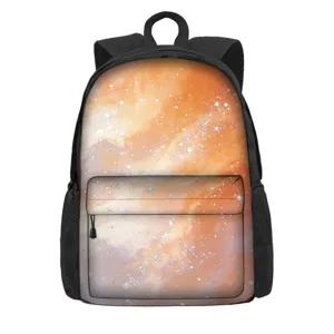 Frontal detail of a durable backpack showing a vibrant orange nebula galaxy print design