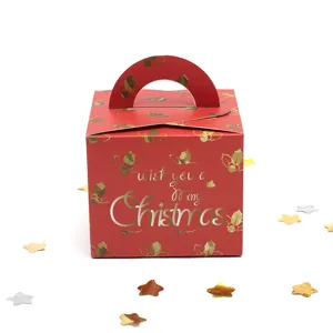 Confezione regalo di Natale rossa con motivo a vischio e manico