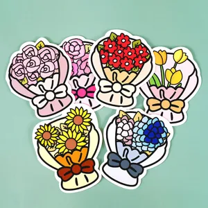 Set di 6 biglietti d'auguri colorati a forma di bouquet con girasoli e tulipani a fumetti