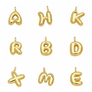 Gold plated puffy letter pendants set, smooth 3D alphabet charms for stylish necklaces.