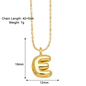 18K Gold Plated Puffy Letter E Pendant Necklace Chic Bubble Initial Chain Jewelry 42+5cm
