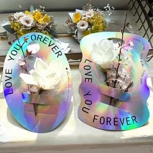 Valentine's Day Laser Silver Single Flower Carrier Greeting Card DIY Rose Flower Packaging Holographic Cardboard Handheld Card