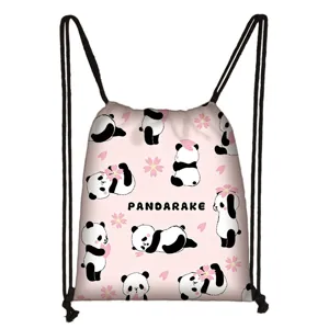 Close-up detail of cartoon panda and cherry blossom pattern on pink drawstring bag