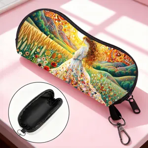 Detailed view of the vibrant artistic eyeglasses case showing its black interior and hook