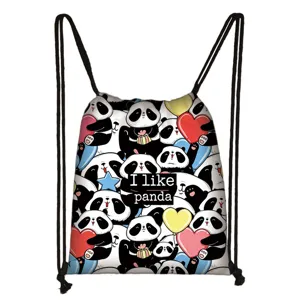 Cute cartoon panda print drawstring bag with I like panda text for school and travel.