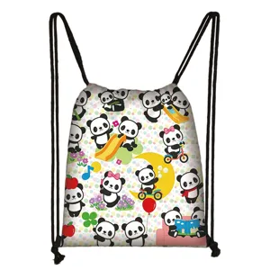 Detailed view of cartoon panda printed polyester drawstring bag for students travel storage