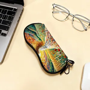 Artistic mosaic print portable glasses pouch with hook for travel and outdoor use.