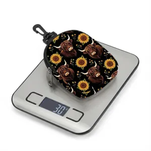 Lightweight Highland Cow sunflower storage pouch weighing only 30g on digital scale.