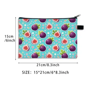 Vista dettagliata delle dimensioni della pochette con motivo fichi, misura 15x21 cm