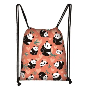 Cartoon Panda Drawstring Bag Polyester Lightweight Backpack Student Storage Pouch Outdoor Travel School Sack