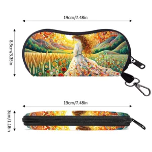 Detailed dimension view of artistic sunglasses pouch with woman illustration 19x8.5x3cm