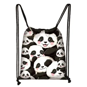 Cute cartoon panda drawstring backpack for students, lightweight travel storage bag