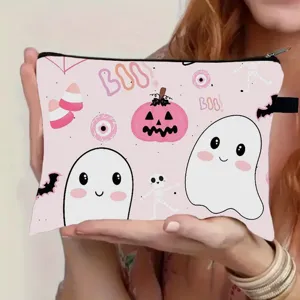 Süße rosa Halloween-Gespenst- und Kürbis-Druck-Leinentasche für Make-up und Süßigkeiten