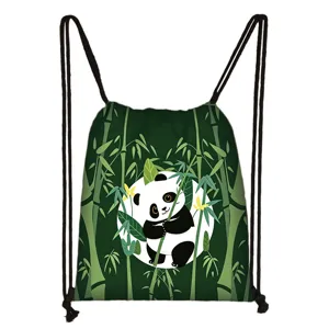 Cute cartoon panda drawstring backpack for students made of durable green polyester fabric