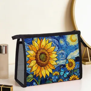 Tragbare Zonnebloem Print Netz Kulturbeutel Für Damen Künstlerische Florale Kosmetiktasche Reise Waschbeutel Mit Reißverschluss Große Kapazität Aufbewahrungstasche