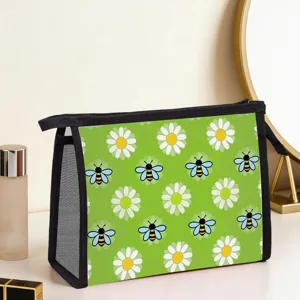Portable Bee Grid Print Mesh Cosmetic Bag Women Travel Toiletry Storage Bag Large Capacity Breathable Makeup Organizer Case