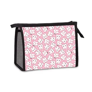 Portable pink cosmetic bag with cute cartoon tooth print and breathable black mesh