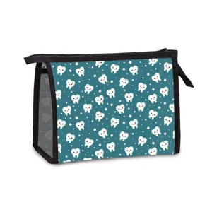 Portable mesh cosmetic bag featuring a cute white cartoon tooth and star print on teal background