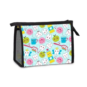 Portable mesh cosmetic toiletry bag with cute cartoon dental print pattern for women
