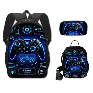 Close-up detail of the 3-piece gaming backpack set including lunch bag and pencil case