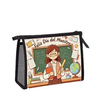 Teacher theme toiletry bag featuring Feliz Día del Maestro illustration and zipper closure