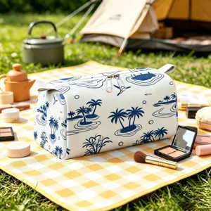 Borsa Cosmetica in Velluto di Grande Capacità Borsa da Viaggio Portatile con Cerniera Custodia per Articoli da Toeletta Organizer con Stampa Tropicale di Palme per Donna
