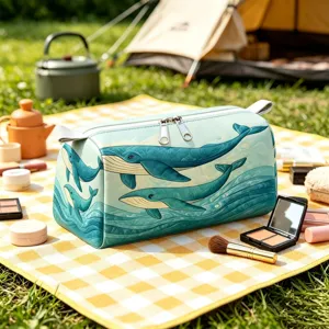 Large whale print cosmetic bag presented in an outdoor camping and picnic setting
