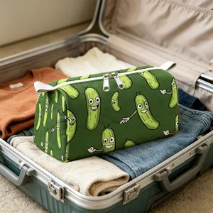 Detailed macro view of green velvet makeup bag with cartoon pickle pattern in a suitcase