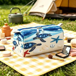 Large capacity sea turtle and starfish print makeup bag displayed outdoors on picnic blanket.