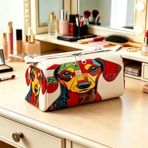 Close-up detail of a large portable cosmetic storage bag with colorful dachshund pattern