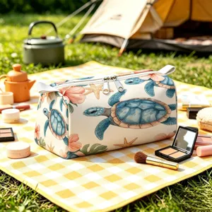 Detailed view of turtle print flannel makeup bag in an outdoor camping setting