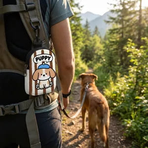 Portable dog treat pouch with puppy cartoon attached to a backpack on a forest hiking trail
