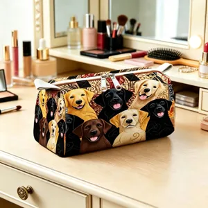 Detailed view of velvet cosmetic bag with cute Labrador and Golden Retriever print