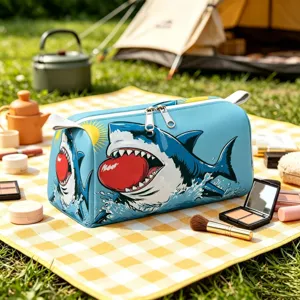 Detailed shot of light blue cosmetic bag with cartoon shark print in outdoor setting