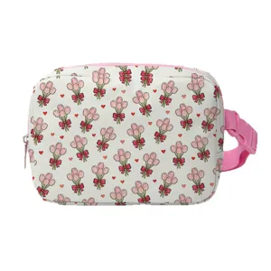Lightweight minimalist tulip print waist bag with pink strap and red heart details