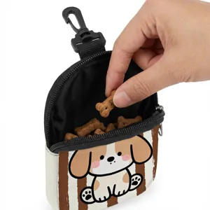 Close-up of a portable dog treat pouch featuring a cute cartoon dog print and bone snacks