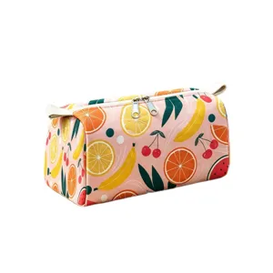Large capacity velvet cosmetic bag with vibrant fruit print and dual zippers for travel